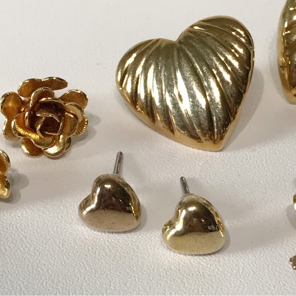 Vintage Cute Gold Stud Earring Lot 5 Puffy Heart Avon Butterfly 3D Rose 80s 90s - Picture 6 of 12